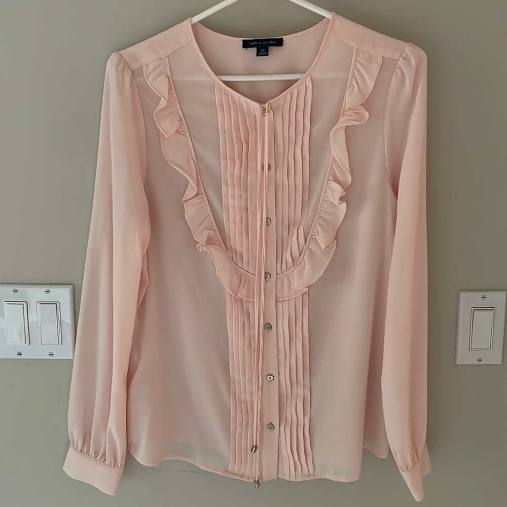 Tommy Hilfiger Women Pastel Pink Ruffle Pleat Front Long Sleeve Blouse Shirt S